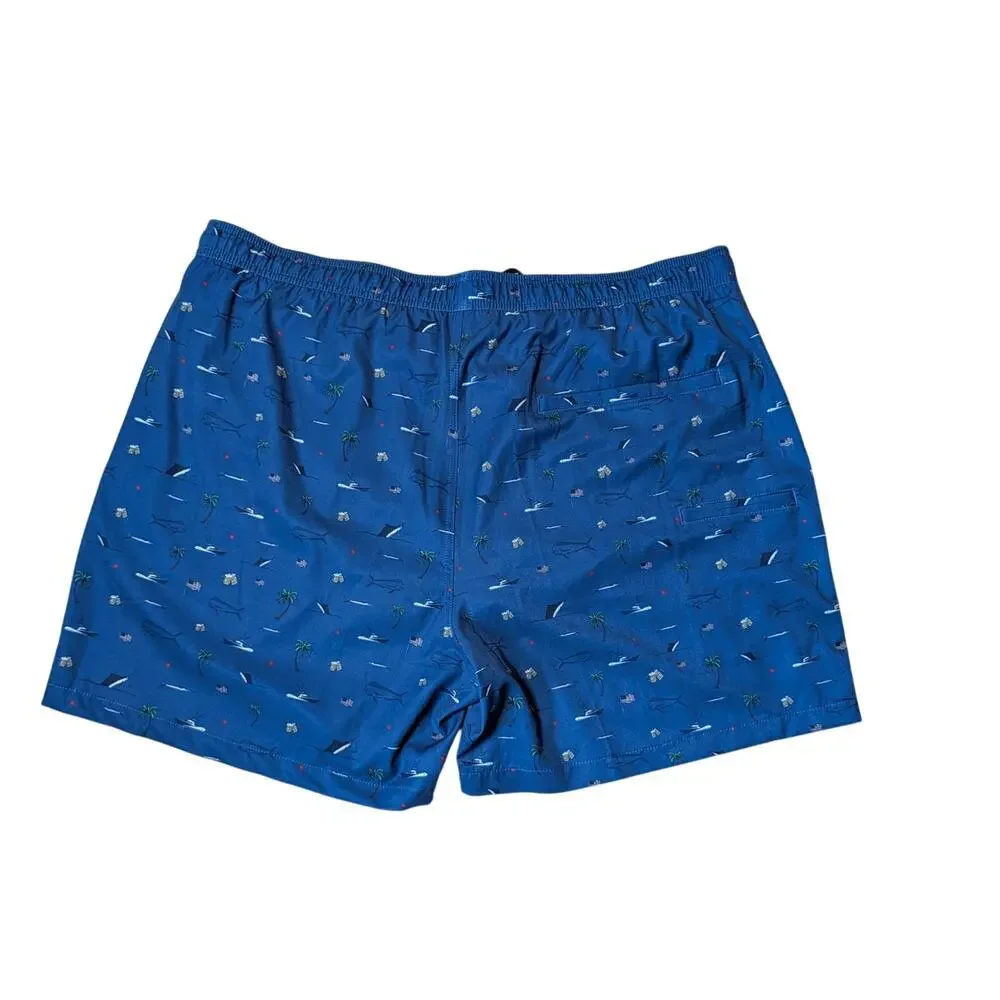 HUK Mens Charter Volley swim trunks/shorts, XXL; boat; Palm tree & Fish Pattern